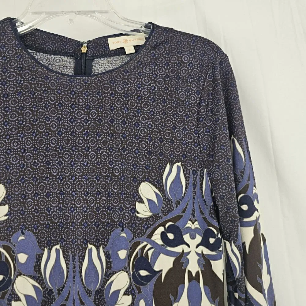 Tory Burch Flavia Blue Multicolored Long Sleeve Silk Dress Size Small